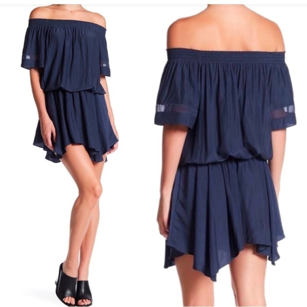 Ramy Brook Jessica Off the Shoulder Drop Waist Asymmetrical Dress Navy Size S